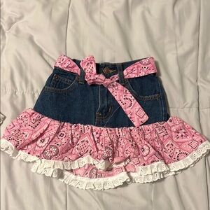 Pink and Blue Denim Skirt with Ruffle Hem